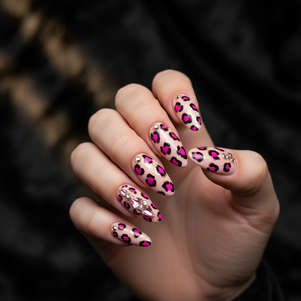 Luxury press-on nails with pink leopard print and gold rhinestone details